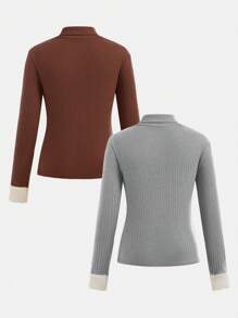 paquete múltiple de tops térmicos de cuello alto acanalados con contraste de color para niñas preadolescentes