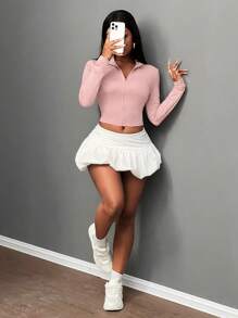 Slaydiva Casual Basic Zip Mock Neck Long Sleeve Tight Stretchy Jacket Top For Women -E In Fall/Winter - Pink - View 6