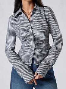 LYSMO Women's Casual Long Sleeve Striped Ruched Blouse For Spring & Summer