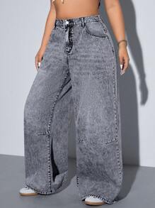 SHEIN ICON 大码女式口袋装饰宽腿宽松休闲男友风牛仔裤 - 深灰色 - 查看 5