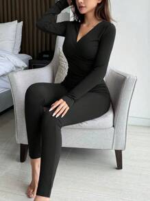 DAZY Wrap Front V-Neck Slim Fit Loungewear Set - Black - View 4