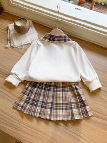 Baby Girls 4-Seasons Fitted Active Sweatshirt Top And Plaid Skirt 2Pcs Set For Casual Outfitting, Events And Outings