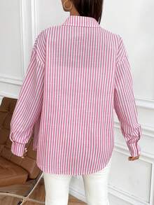 SHEIN Áo sơ mi dài tay in sọc cho bà bầu cài nút phía trước - Hồng - Xem 2