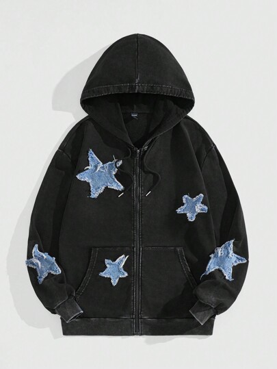 Prep Men's Autumn Star Patch Zipper Stand Collar Drawstring Hoodie Sweatshirt