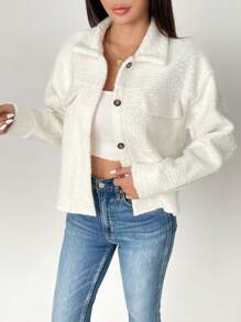 SHEIN PETITE Flap Pocket Drop Shoulder Button Front Overcoat - Apricot - View 5