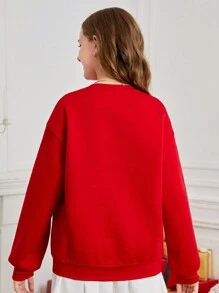 SHEIN Leap Crew Teen Girl Red Heart/Bow Decor Design Pullover Sweatshirt, Cute For Date Night - Red - View 2
