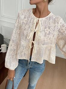 SHEIN Frenchy 女士休闲优雅前系带灯笼袖秋季衬衫，女士秋季前系带长袖短款休闲衬衫，教师服装，秋季服装，秋季婚礼宾客礼服，黄色女式连衣裙，冬季上衣，服装，可爱女式衬衫，女士办公室服装，长袖衬衫，女士亚麻服装，秋季女式服装，圣诞派对单袖衬衫，冬季上衣 - 杏色 - 查看 6