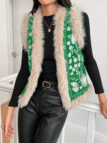 SHEIN Clasi Abrigo acolchado sin mangas con parches florales y bordados para mujer, ropa de invierno - Verde - Ver 1