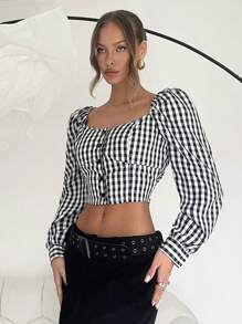 Calvaya Puff Sleeve Cropped Plaid Shirt, Casual Autumn