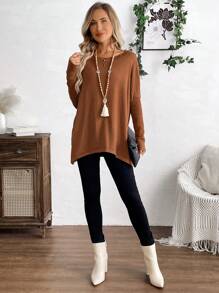 EMERY ROSE 女士休闲纯色蝙蝠袖宽松针织毛衣，秋冬 - 棕色 - 查看 4