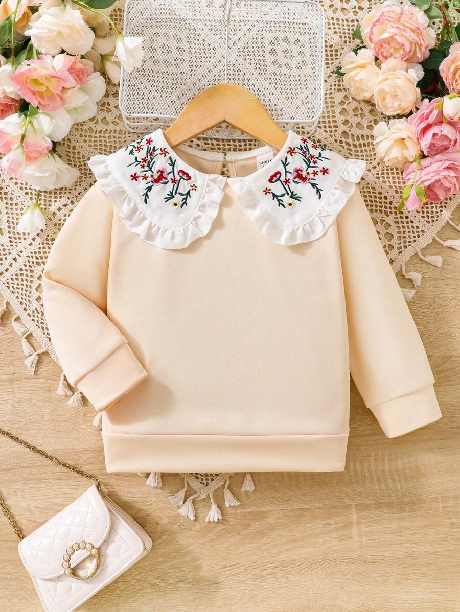 SHEIN 女童休闲刺绣彼得潘领长袖运动衫，酒红色，秋季 - 杏色 - 查看 1