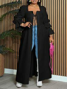 Slaydiva 大码秋季甜美休闲女式大码纯白色低胸性感加长衬衫上衣长款女式连衣裙秋装长袖 - 黑色 - 查看 8