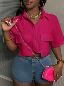 Slaydiva Áo sơ mi nữ tay ngắn cổ polo màu trắng, kiểu dáng thường ngày, có túi, dành cho nữ. - Màu đỏ tím - Xem 4