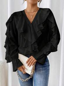 SHEIN Clasi Women Autumn Elegant Solid Color Ruffle Trim Collar & Cuff Blouse Fall Cloth For Women - Black - View 3