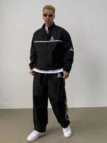 DAZY Men's Letter Print Stripe Stitching Jacket Set, Autumn - Black - View 7