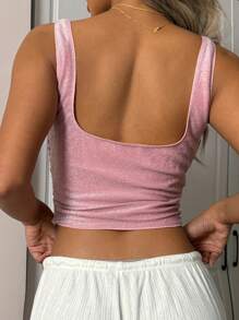 SHEIN EZwear Women's Pink Sparkly Metallic Thread Gathered Sleeveless Top, Summer