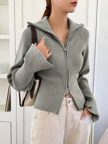 DAZY Cárdigan de mujer de negocios casual con cremallera y solapa de unicolor, ropa de otoño