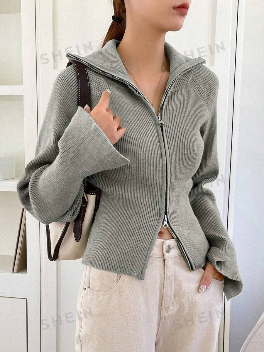 DAZY Cárdigan de mujer de negocios casual con cremallera y solapa de unicolor, ropa de otoño