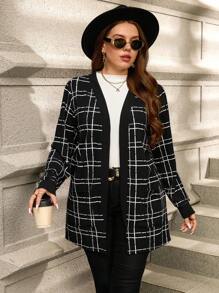 SHEIN Clasi 大码女式格子长袖口袋休闲长夹克，秋冬 - 黑與白 - 查看 9