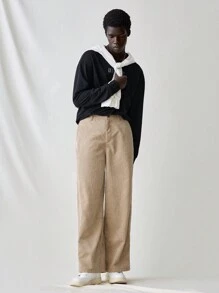 Manfinity VCAY Men's Woven Casual Pants, Elastic Waist Relaxed Fit Straight Leg Solid Color Trousers