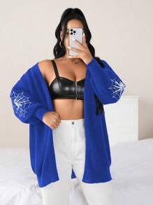 Flirla Pull ample et ample pour femmes grande taille, manches de lanterne d'Halloween avec broderie d'araignée, design Top de gamme, cardigan extérieur unicolore