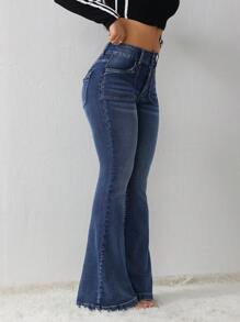 SHEIN Tall 女士牛仔裤 休闲紧身弹力喇叭牛仔裤 牛仔裤 - 深色水洗藍 - 查看 4