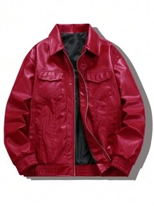 Manfinity LEGND 男士休闲宽松拉链 PU 夹克，带翻盖口袋，秋季