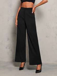 Glamine 女款黑色休闲镂空金属扣直筒裤 - 黑色 - 查看 3