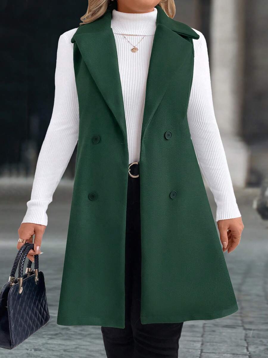 SHEIN LUNE Áo khoác dài không tay cổ đứng màu trơn cỡ lớn cho nữ, mùa thu/đông, hai hàng khuy - Màu xanh lá cây đậm - Xem 1