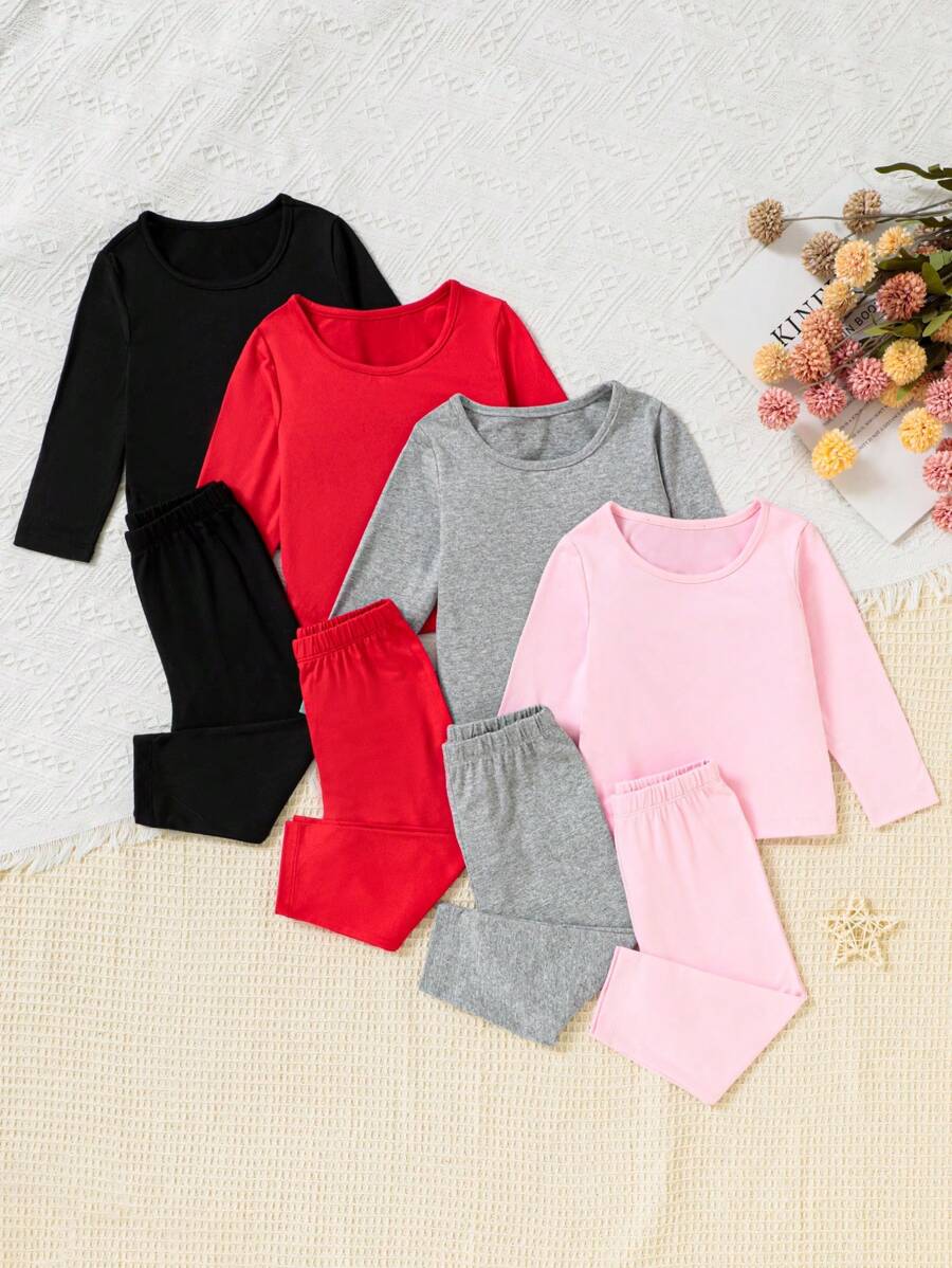 Set de 4 piezas de ropa de casa para bebés niñas con top de manga larga de unicolor y leggings - Multicolor - Ver 1
