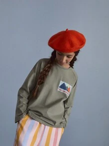 SHEIN Áo nỉ chui đầu dệt kim tay tròn họa tiết núi cho bé gái tuổi mới lớn dành cho các hoạt động ngoài trời hàng ngày, mùa thu/đông - màu xanh lá - Xem 3