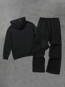 Manfinity EMRG 男士休闲字母印花连帽衫和运动裤套装 - 黑色 - 查看 2