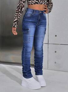 SHEIN 少女牛仔裤 Y2K 时尚翻盖口袋侧边工装叠层牛仔裤，斜插口袋，秋冬街头风 - 中等水洗藍 - 查看 3