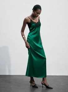 SHEIN Maija 优雅都市节日派对现代复古绿色缎面蕾丝拼布连衣裙，秋冬款 - 綠色 - 查看 4