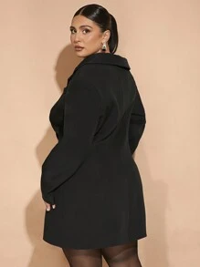 SHEIN BAE 大码女装大码女士约会性感优雅秋冬长袖不对称斜肩黑色百搭时尚办公室仙女风双排扣连衣裙西装外套 - 黑色 - 查看 2