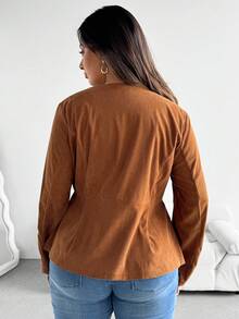 SHEIN Clasi 大码女式纯色灯芯绒简约日常长袖夹克女士冬季衣服 - 棕色 - 查看 3