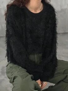 FRIFUL Women's Fashionable Loose Fuzzy Fabric Sweatshirt, Autumn/Winter - Black - View 2