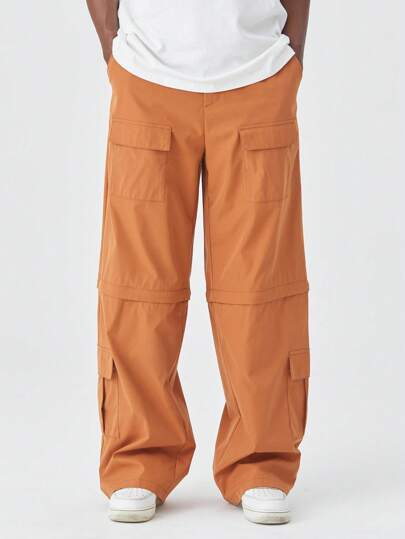 ROMWE Avant Pantalones casuales sueltos de pierna ancha con bolsillo cargo de unicolor para hombre