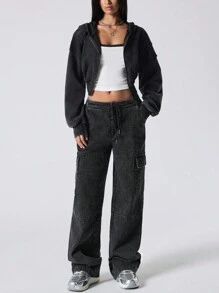 LYSMO Women's Washed Low Waist Cargo Jeans - Black - View 4
