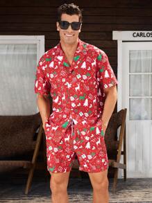 Manfinity VDAYZ Men's Christmas Tree Print Short Sleeve Shirt And Shorts Beach Suit Set