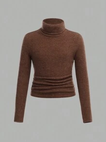 SHEIN Girlism Tween Girls Solid Color Turtleneck Long Sleeve Ribbed Casual T-Shirt 3 Piece/Set, Winter Clothes - Brown - View 7