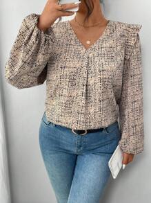 SHEIN Frenchy 加大码 V 领全印花优雅长袖衬衫，长袖图案衬衫 - 卡其色 - 查看 1