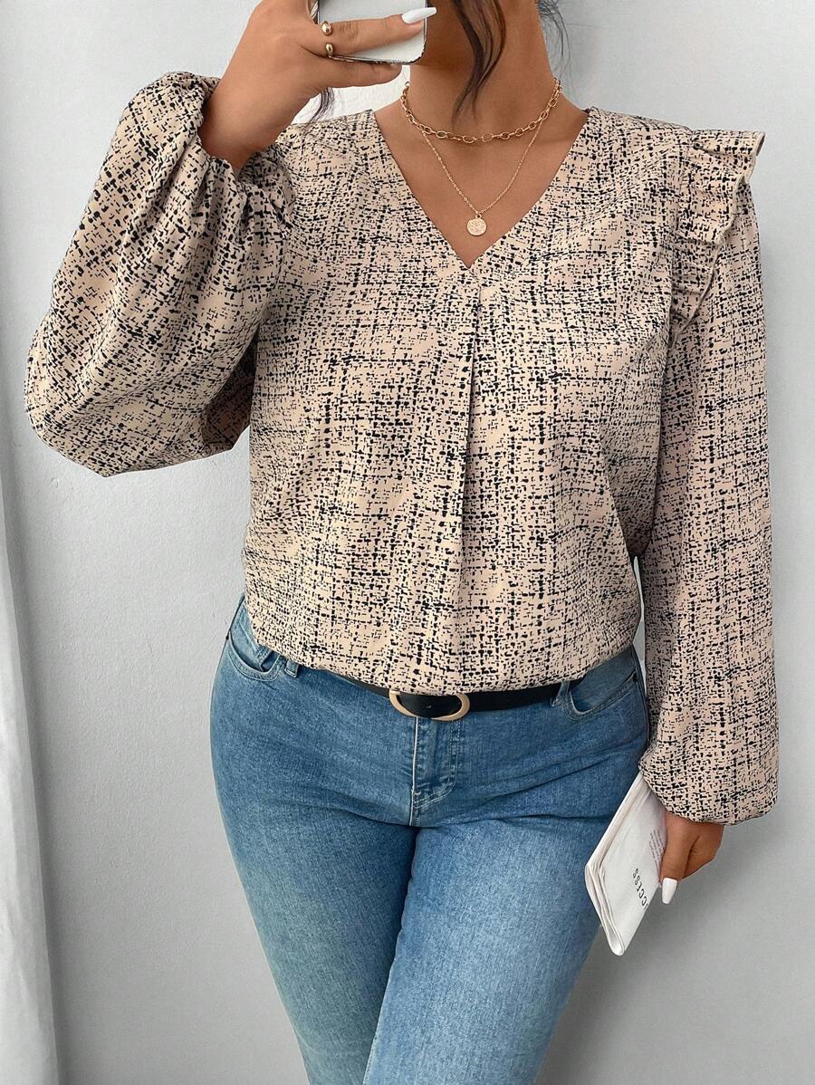 SHEIN Frenchy 加大码 V 领全印花优雅长袖衬衫，长袖图案衬衫 - 卡其色 - 查看 1