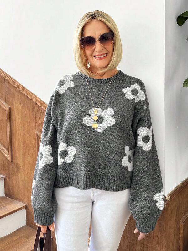 SHEIN LUNE Women Casual Floral Jacquard Knitted Sweater, Autumn/Winter