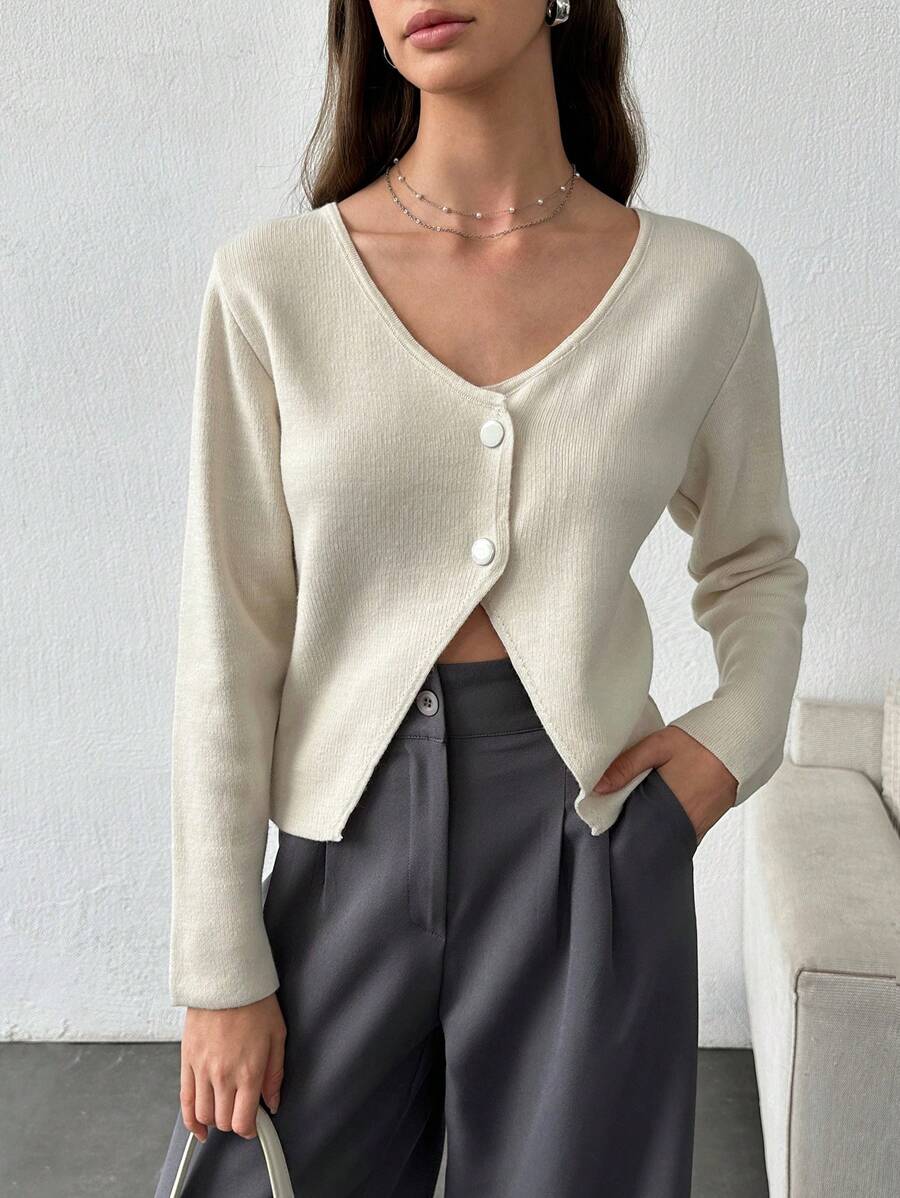 EURMUSE Women Solid Color V-Neck Front Button Drop Shoulder Cardigan - Beige - View 1