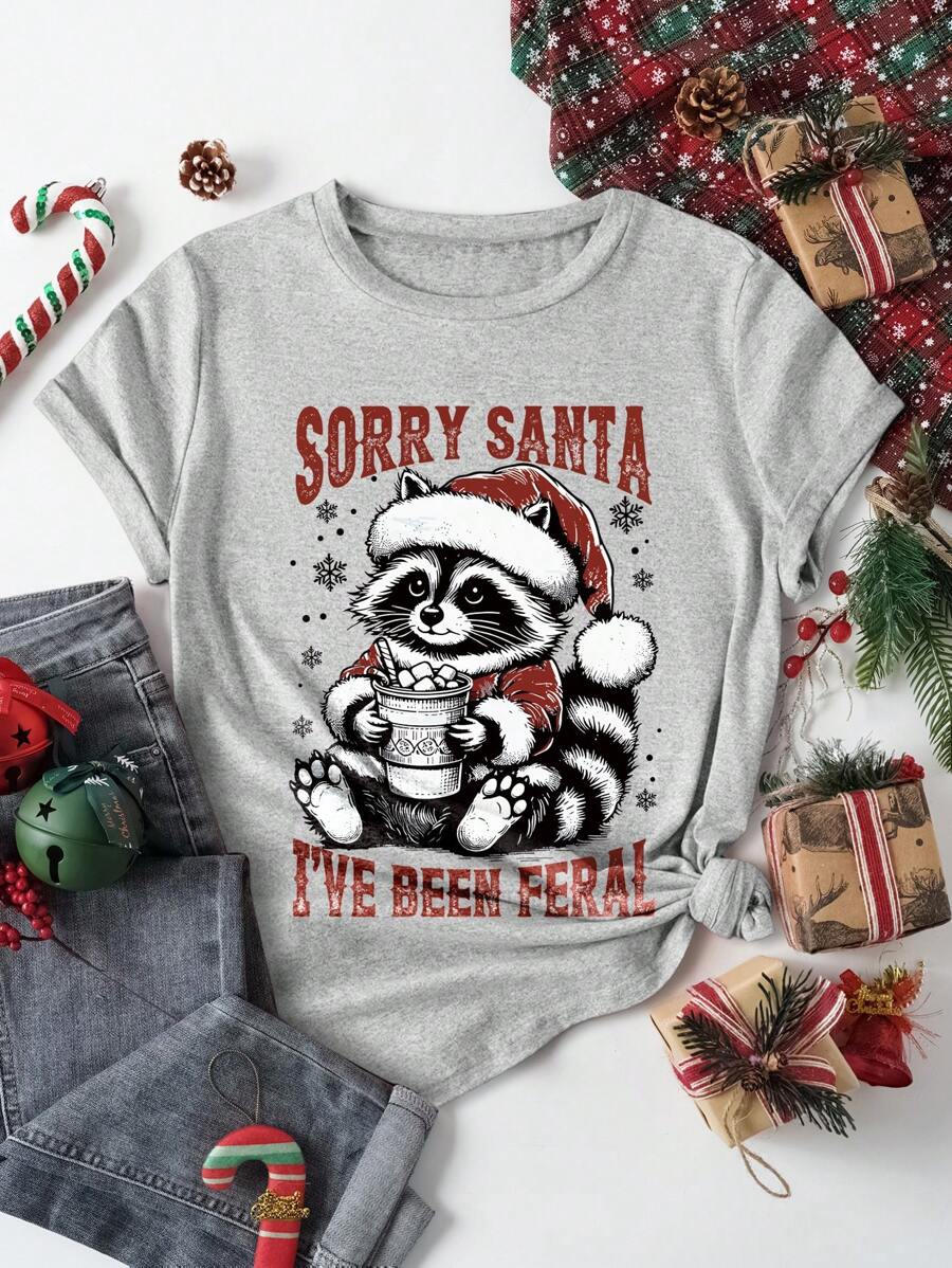 INAWLY Christmas Gift Raccoon Graphic Printed Casual Round Neck Short Sleeve T-Shirt For Women Graphic Tees Women Tops