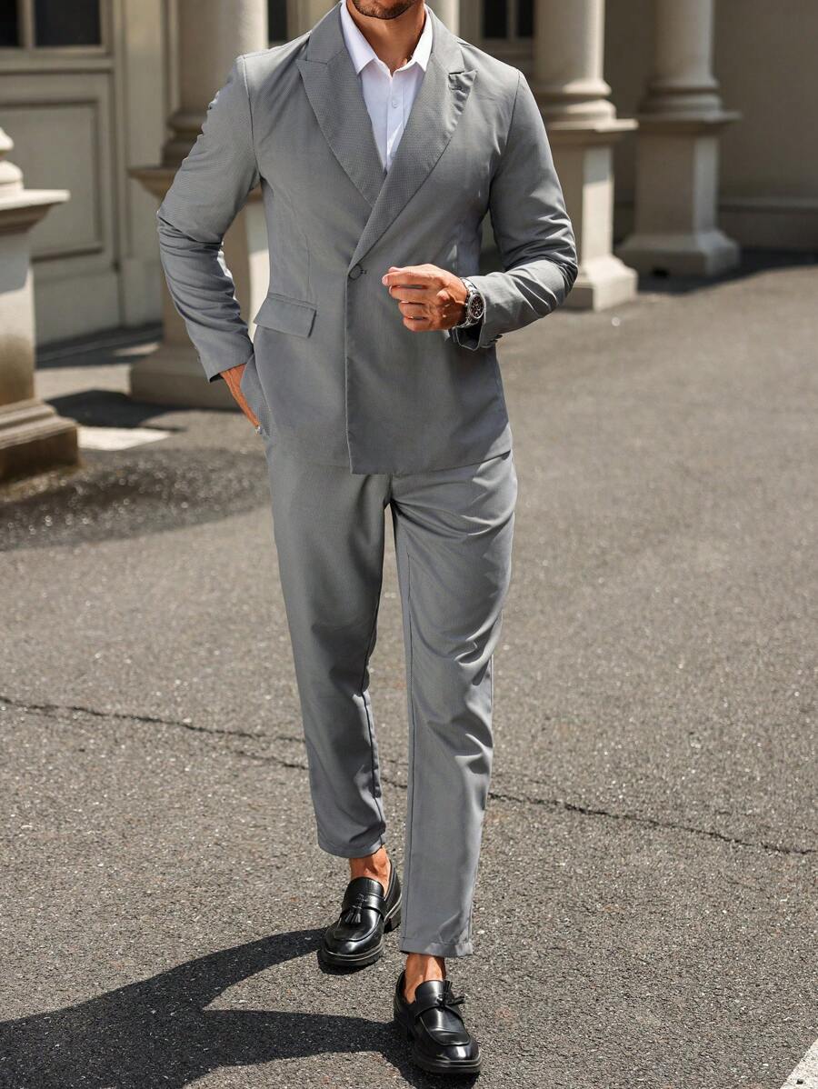 Calvornis Bộ đồ vest nam đơn giản màu trơn hàng ngày - Áo sơ mi dài tay và quần - Đen và trắng - Xem 1