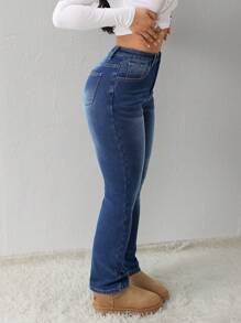 SHEIN Tall CURVE 大码女装休闲时尚秋冬万圣节圣诞节国庆节街头风生日商务休闲女装乡村复古低调老钱商务休闲女装工作保暖内衬牛仔裤，百搭修身纽扣牛仔蓝色牛仔裤经典蓝色弹力紧身牛仔裤舒适日常牛仔裤 - 藍色 - 查看 3