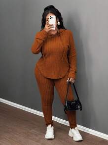 Slaydiva 大码休闲橄榄绿色罗纹针织弹力连帽长袖修身裤两件套，秋冬装 - 棕色 - 查看 2