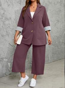SHEIN LUNE Plus Size 2pcs Set Casual Striped Patchwork Jacket And Pants - Red Violet - View 6